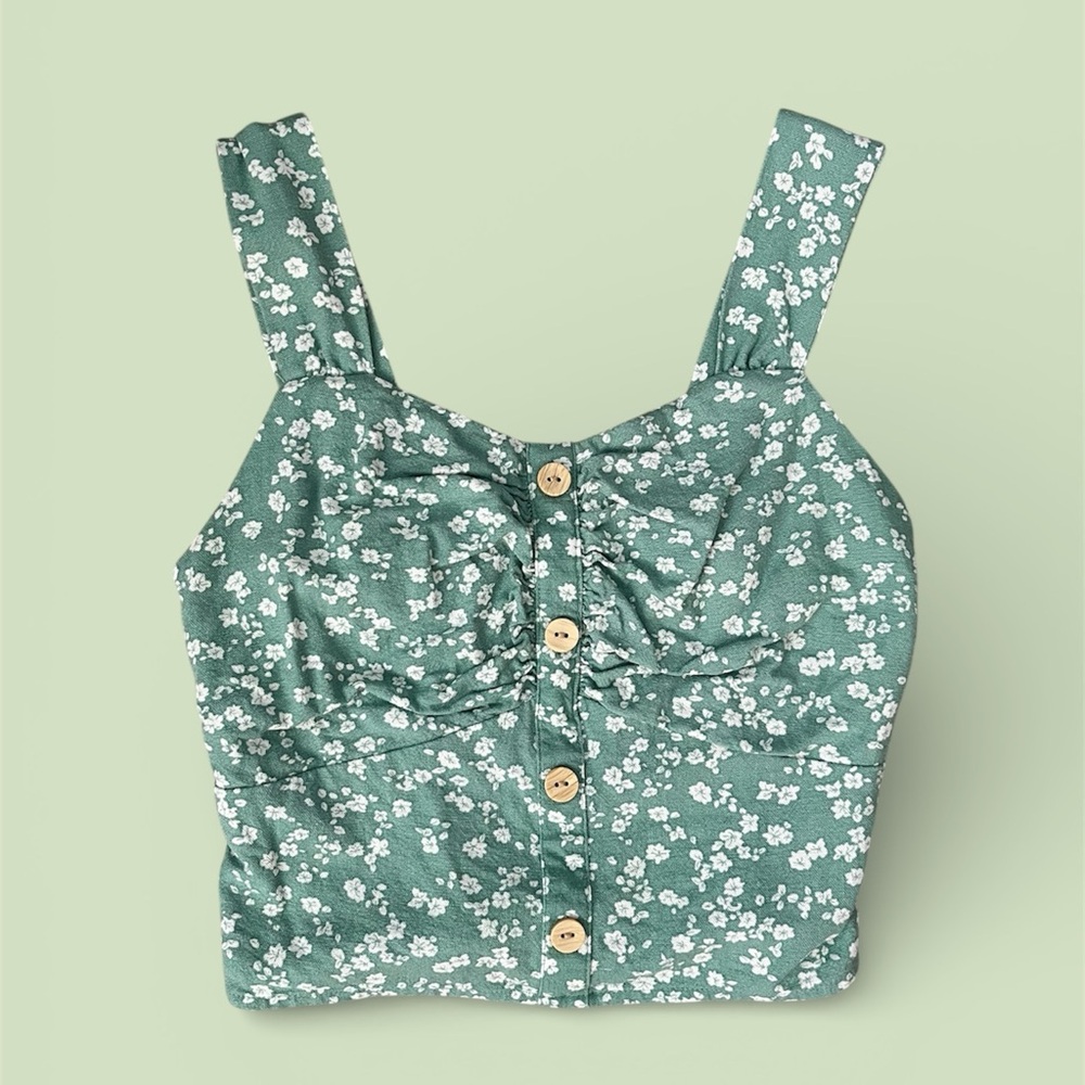 Monteau Los Angeles Green Floral Button-Front Crop Top | Size S